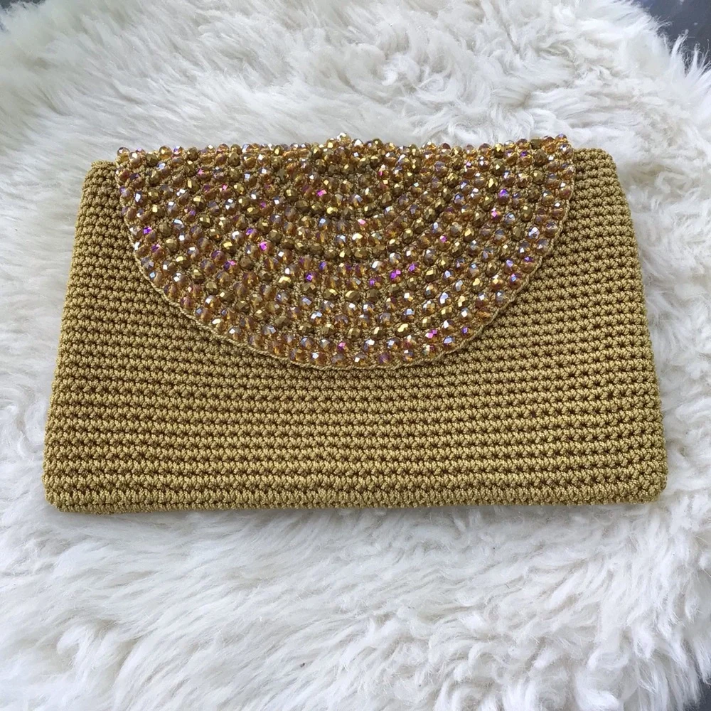 Lovely Gold Beaded Raffia Woven Clutch Handbag Clutch